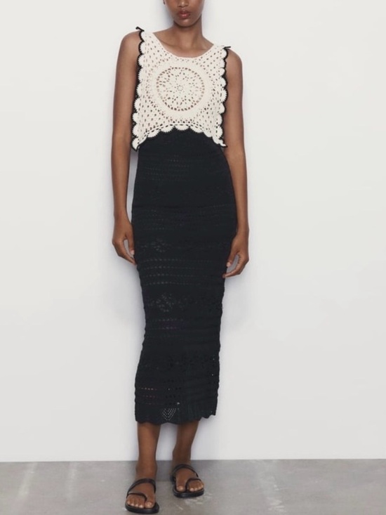 Zara Dresses & Skirts - Zara Black And White Crochet  MIDI Dress Women’s Medium Bodycon Bohemian